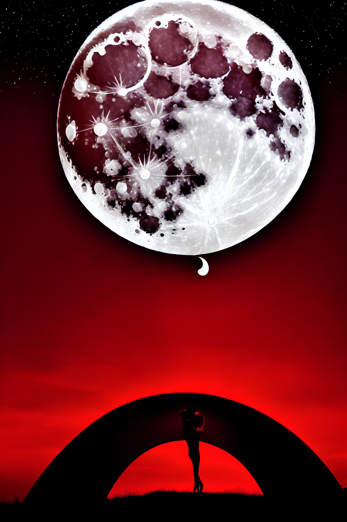 Person silhouetted against red sky on arch with detailed floral moon.