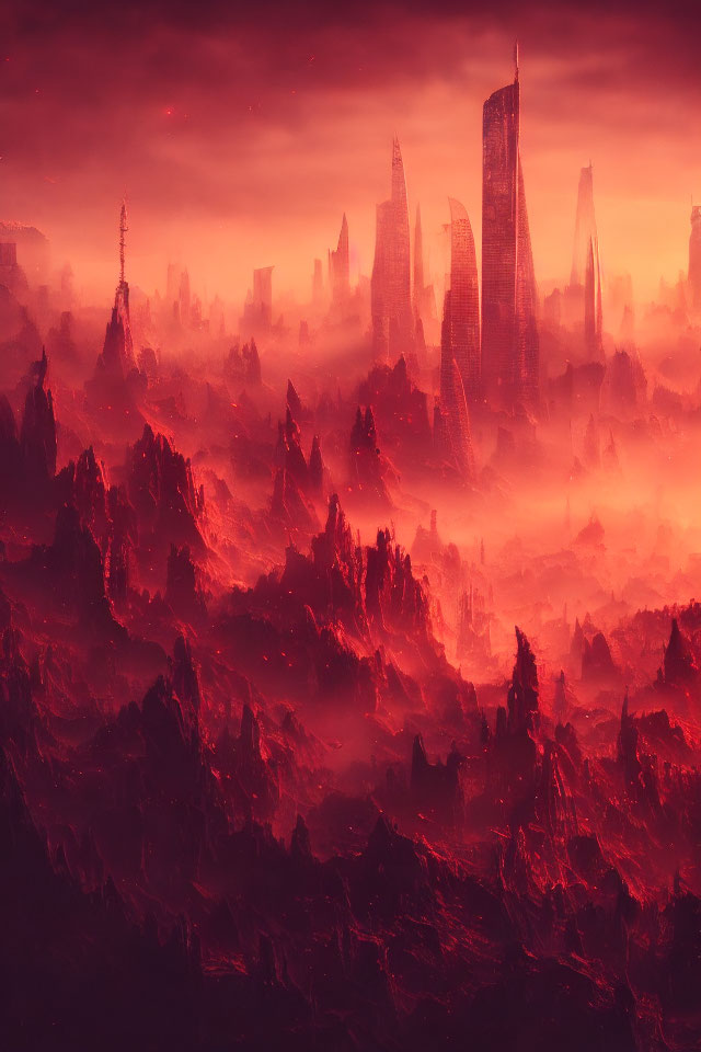 Dystopian landscape with crimson skies and futuristic structures