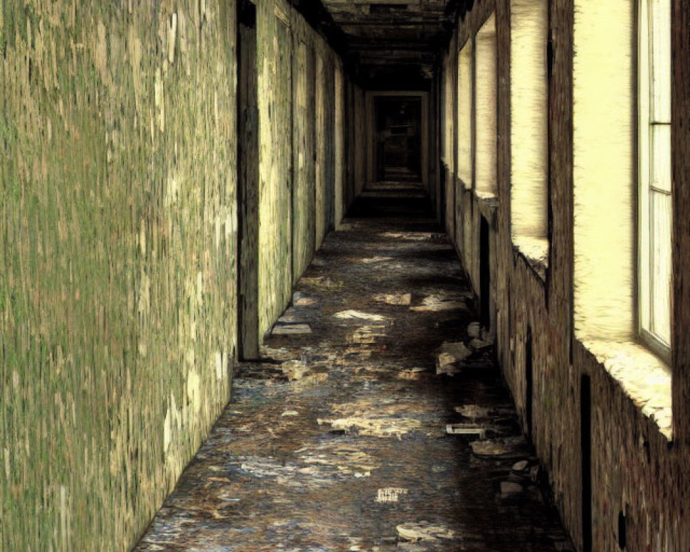 Decrepit corridor with peeling paint, debris, and sunlight streaming.