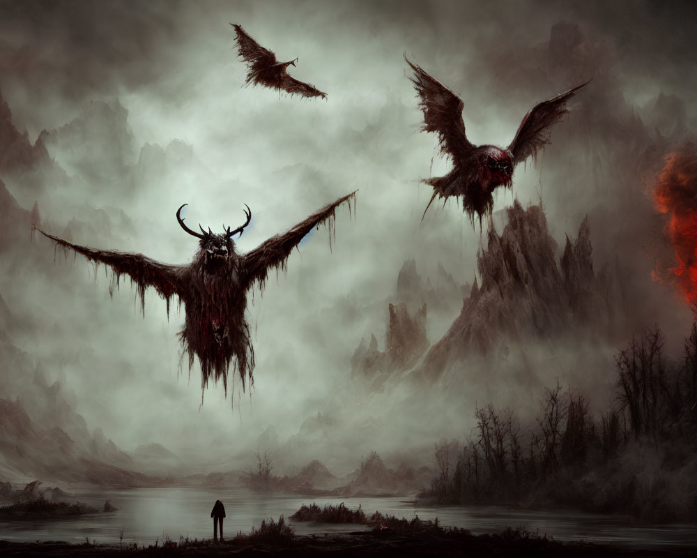 Dark Landscape with Lone Figure by Lake and Menacing Winged Creatures