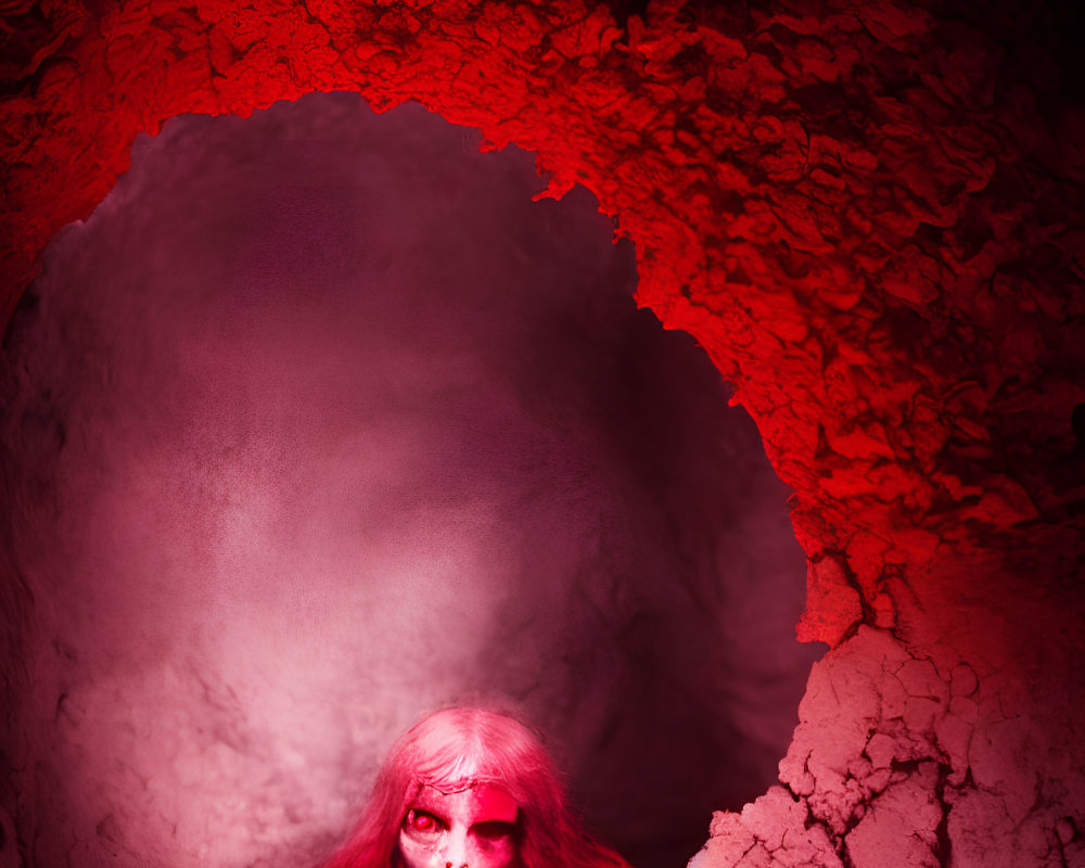 Red-haired person in eerie red lighting peeking through dark textured tunnel.