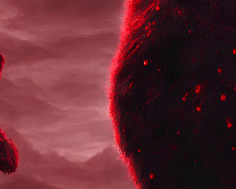 Fantastical crimson landscape with lava-like veins on creature silhouette