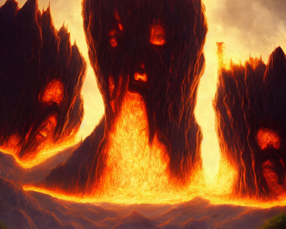 Warrior in Fiery Landscape with Lava Creatures