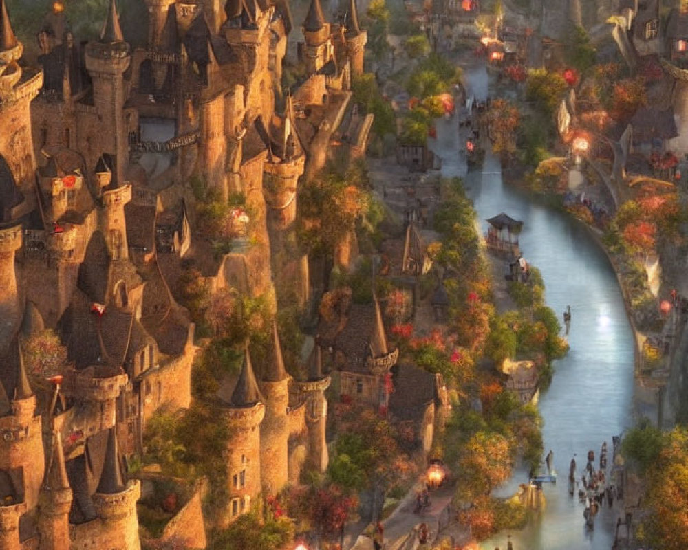 Medieval fantasy city with castles, cobblestone streets, and river at sunset