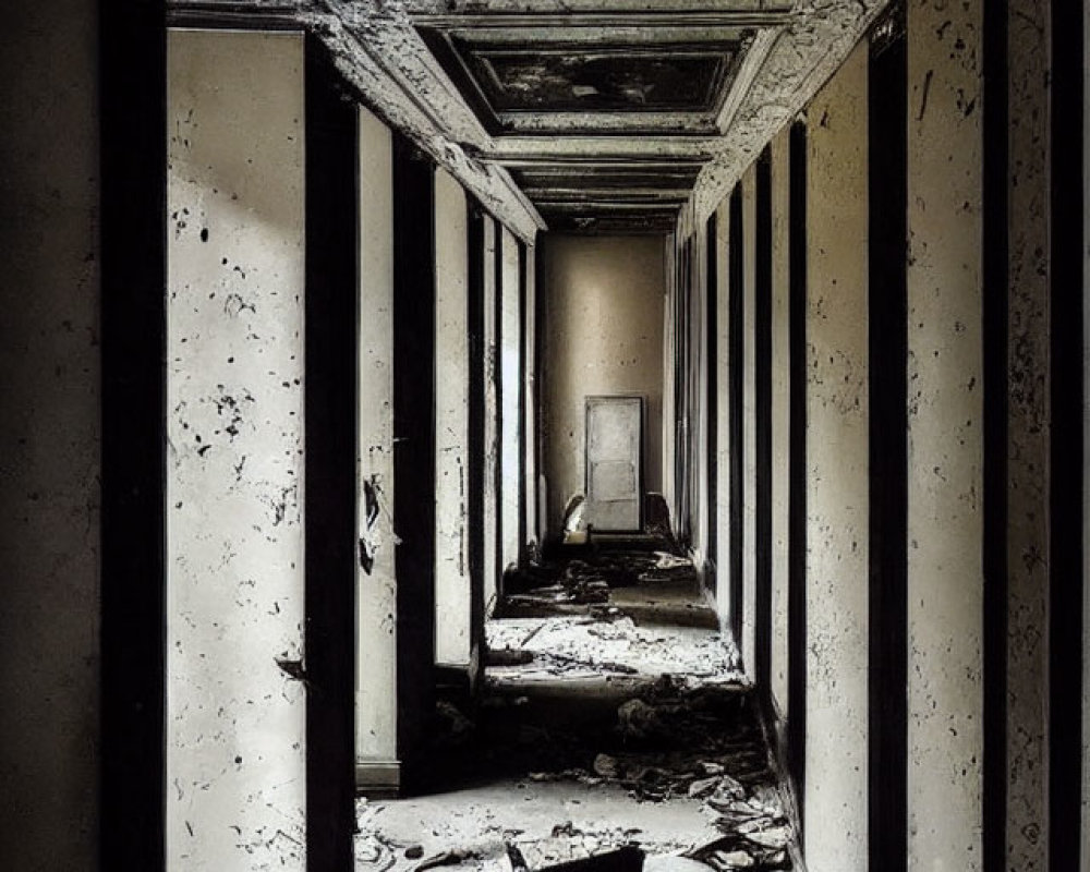 Decrepit hallway with peeling walls, columns, doorway, and overturned office chair.