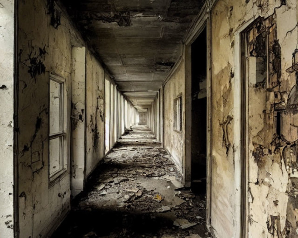 Desolate abandoned corridor with peeling walls and debris