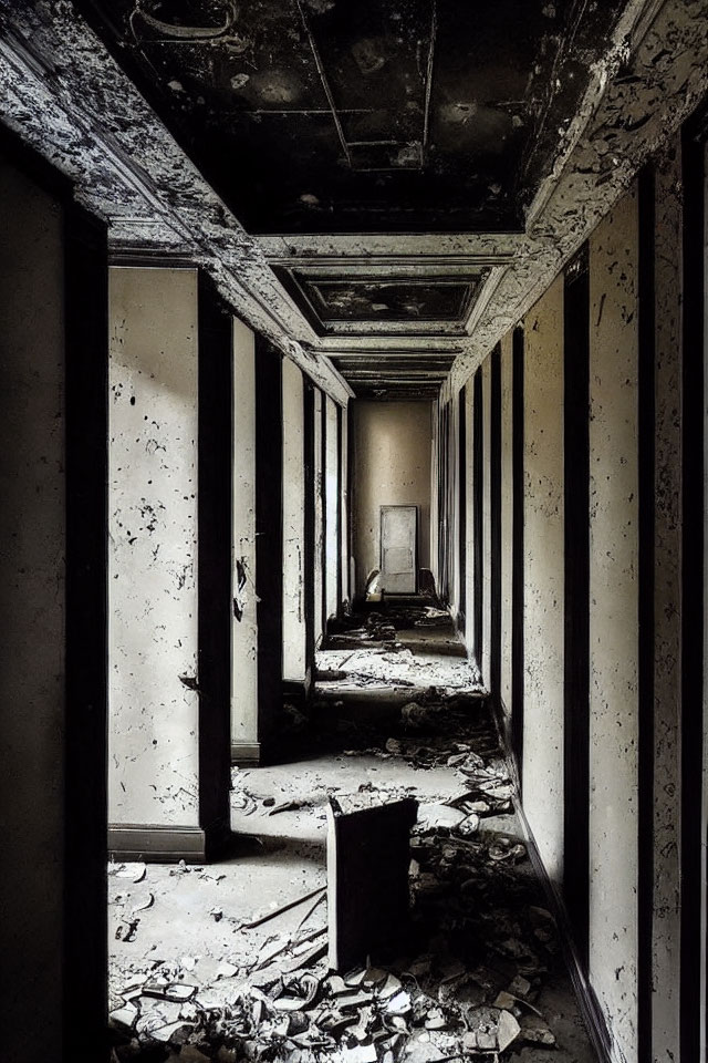 Decrepit hallway with peeling walls, columns, doorway, and overturned office chair.