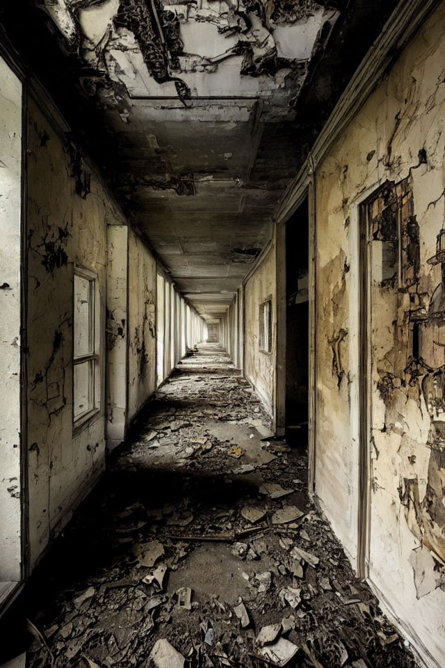 Desolate abandoned corridor with peeling walls and debris