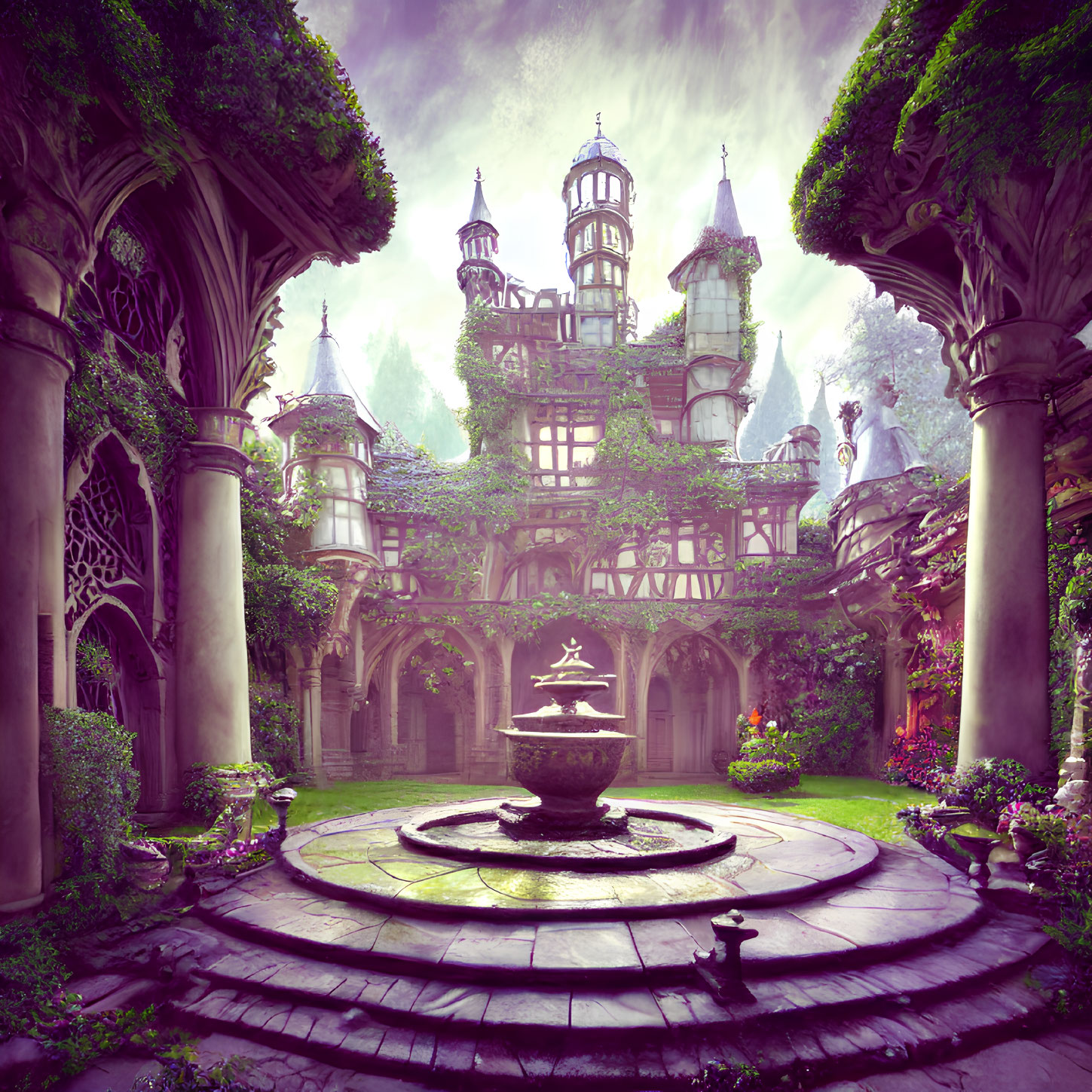 Fantastical garden with ornate fountain and fairy tale castle