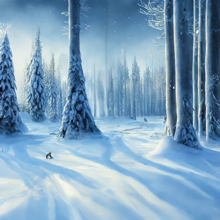 Snow-covered trees and lone fox in serene winter landscape