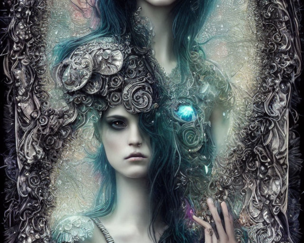 Detailed Artwork of Person with Blue Hair and Ornate Headpiece