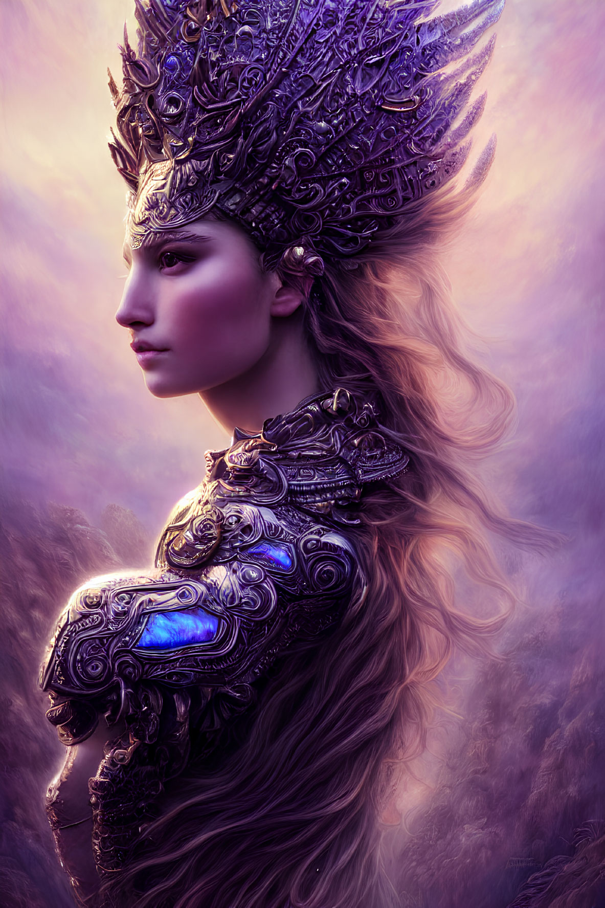 Intricate metallic headgear and armor with gemstone on person against purple-pink backdrop