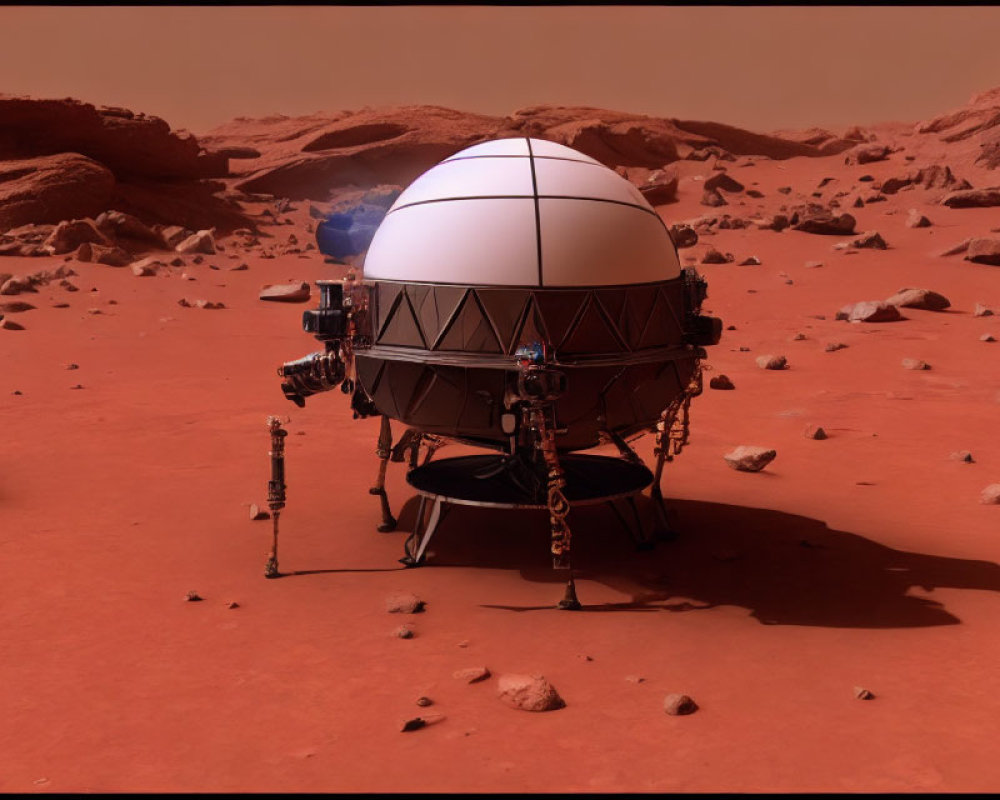 Futuristic robotic lander on Mars's rocky surface