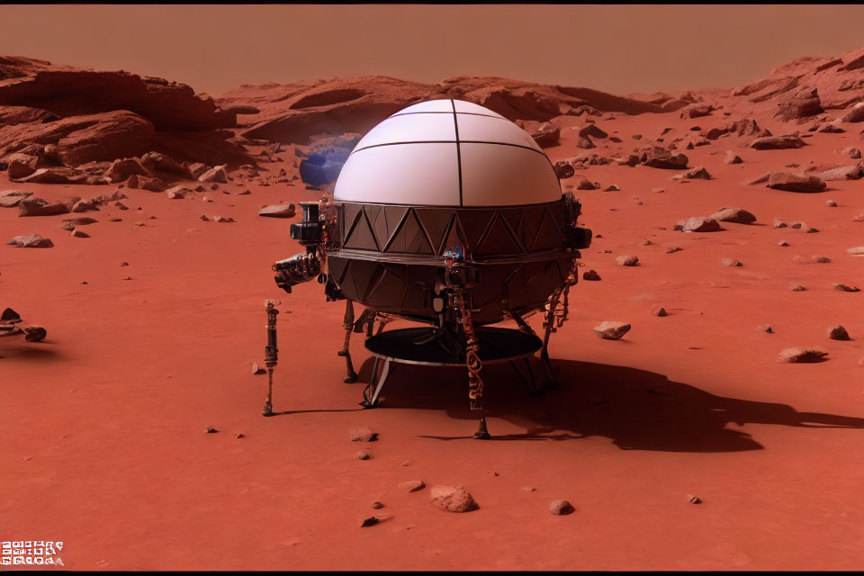 Futuristic robotic lander on Mars's rocky surface