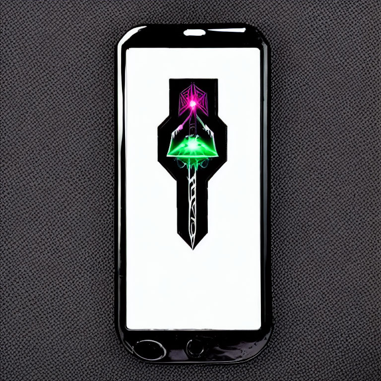 Smartphone displaying neon green and purple sword on textured background