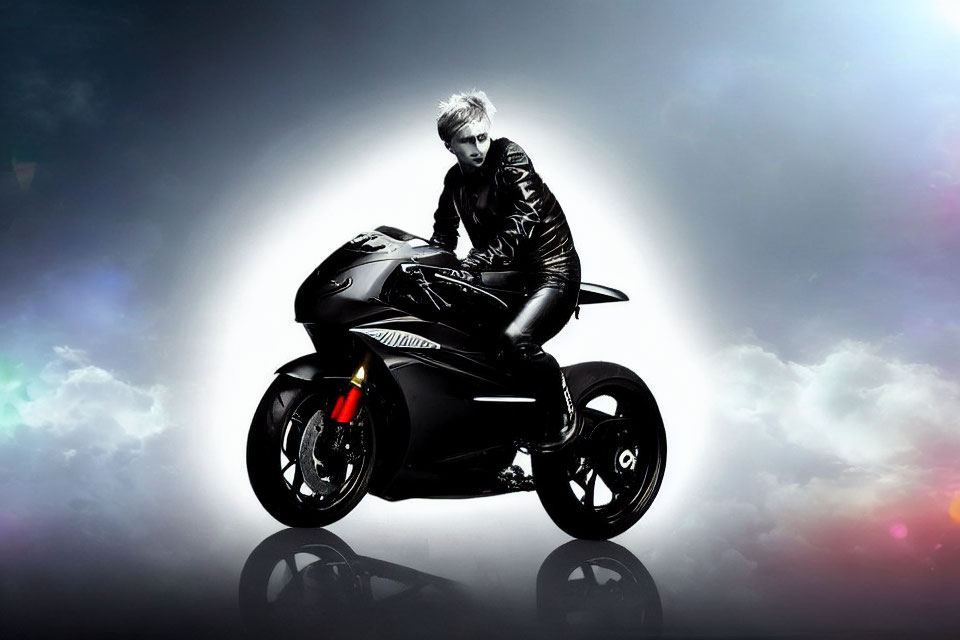 Person in Black Leather Jacket Riding Sports Motorcycle Against Artistic Background