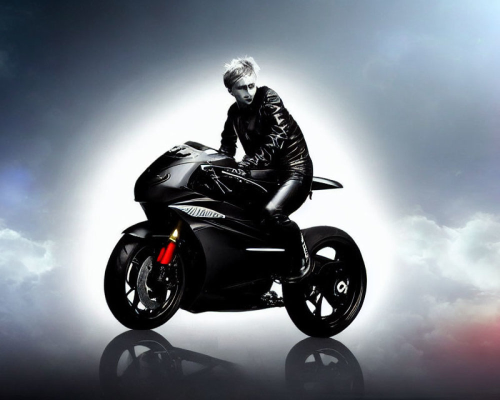 Person in Black Leather Jacket Riding Sports Motorcycle Against Artistic Background