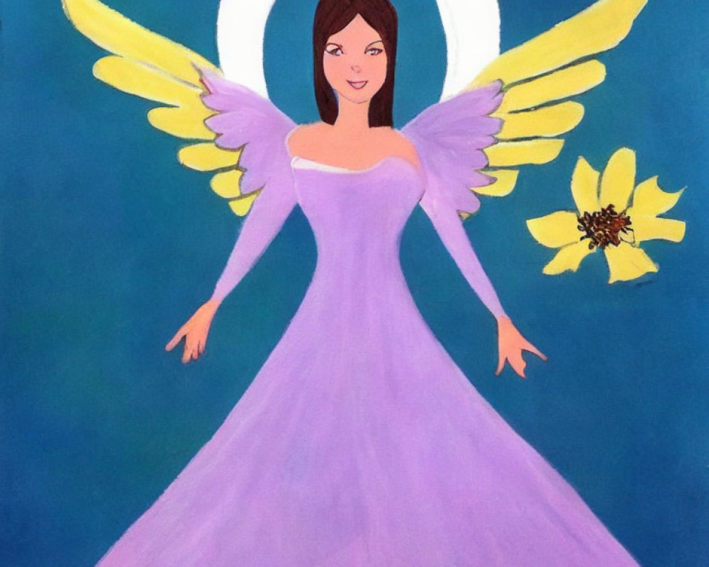 Winged female figure in purple gown with halo and yellow flower