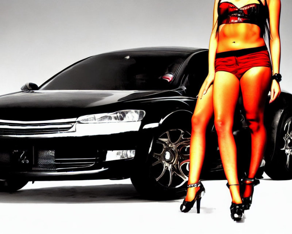 Stylish black car with person in red shorts and high heels