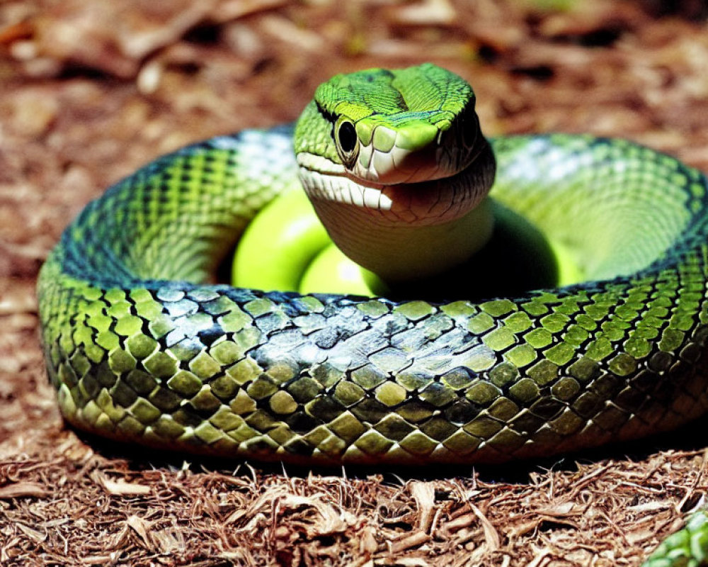 Green Coiled Snake with Open Mouth and Forked Tongue in Forest