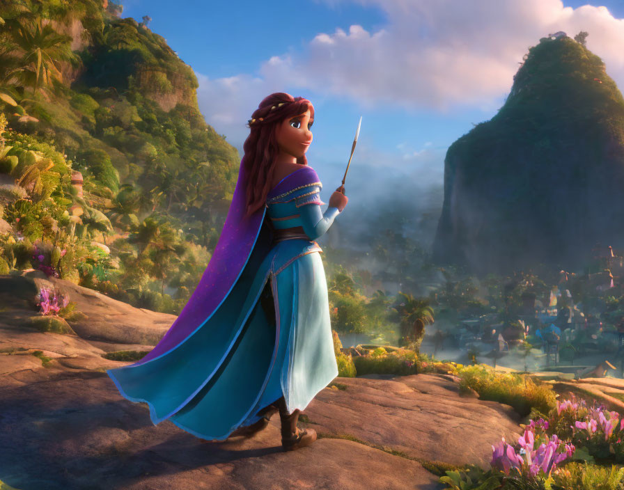 Long-haired female animated character with staff in blue and purple outfit on rocky outcrop gazes at lush