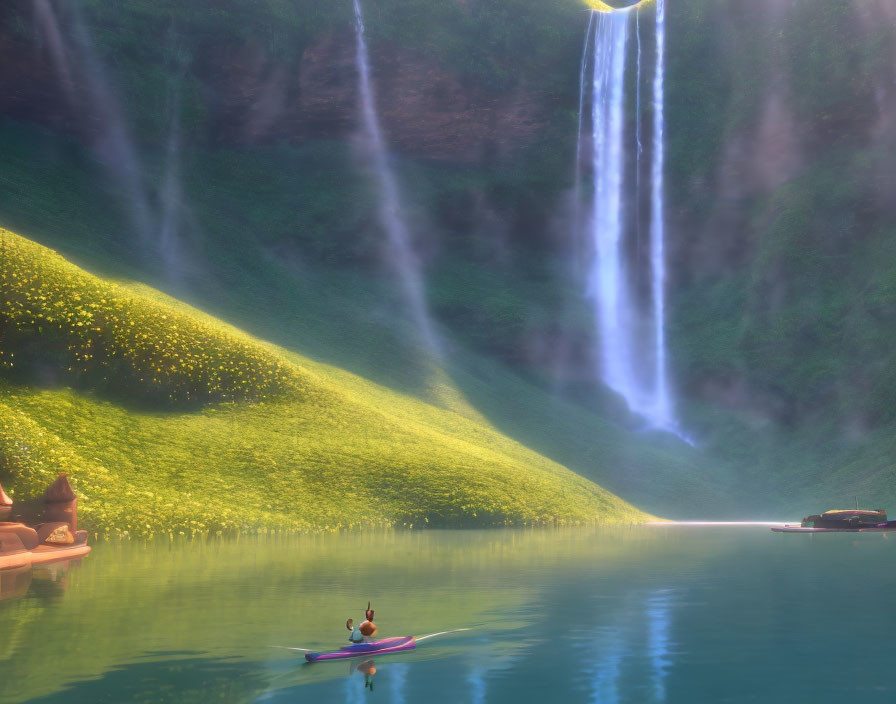 Person kayaking on calm river with lush green cliffs and waterfall