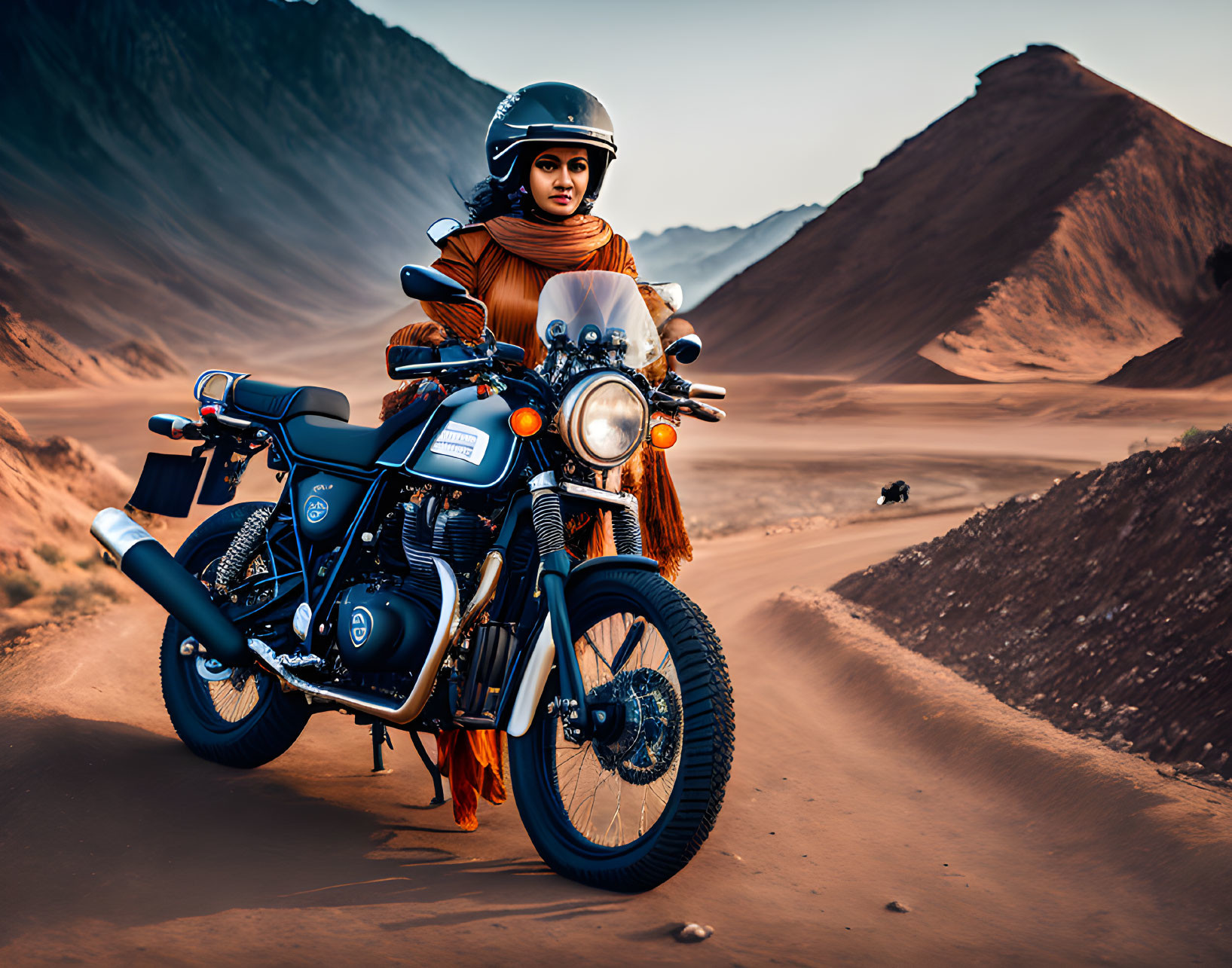 Person in helmet with motorcycle in desert landscape