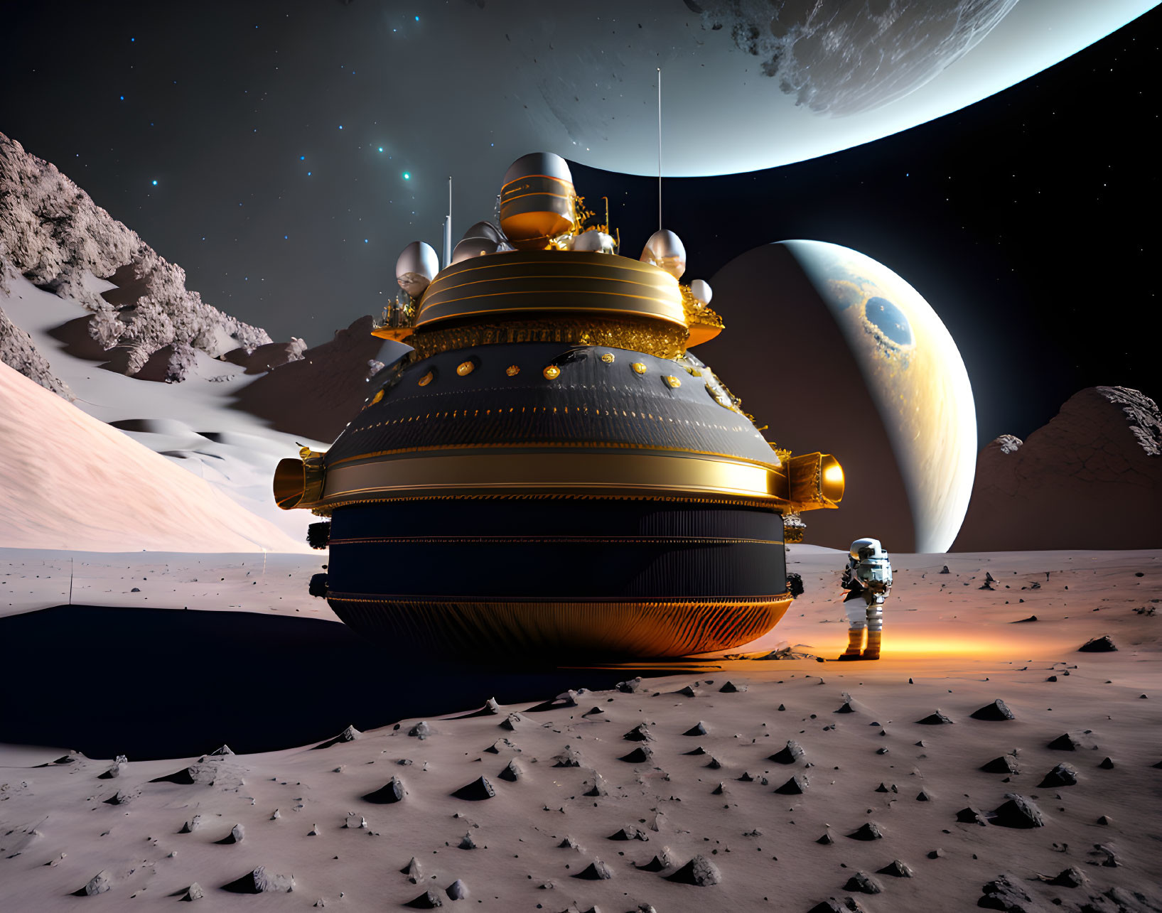 Futuristic spacecraft on rocky alien moon with astronaut