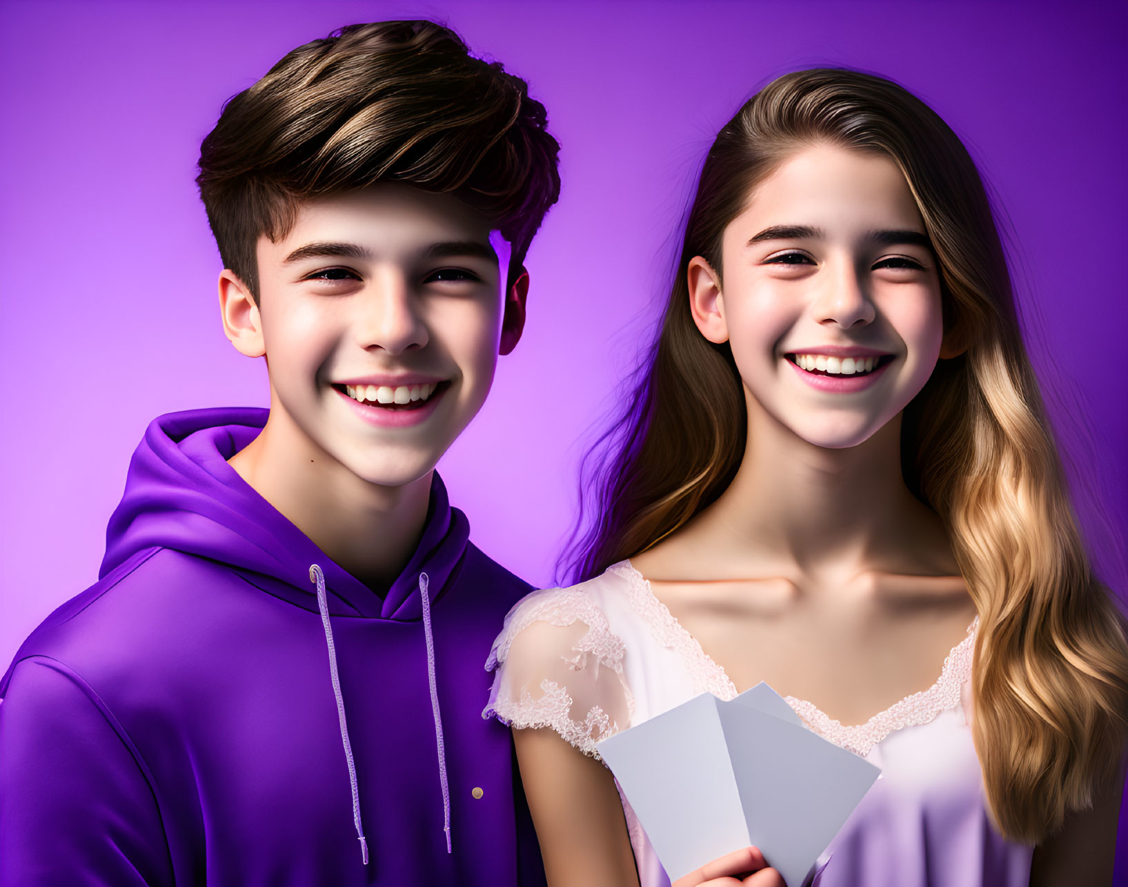 Smiling Teenagers Holding Cards on Purple Background