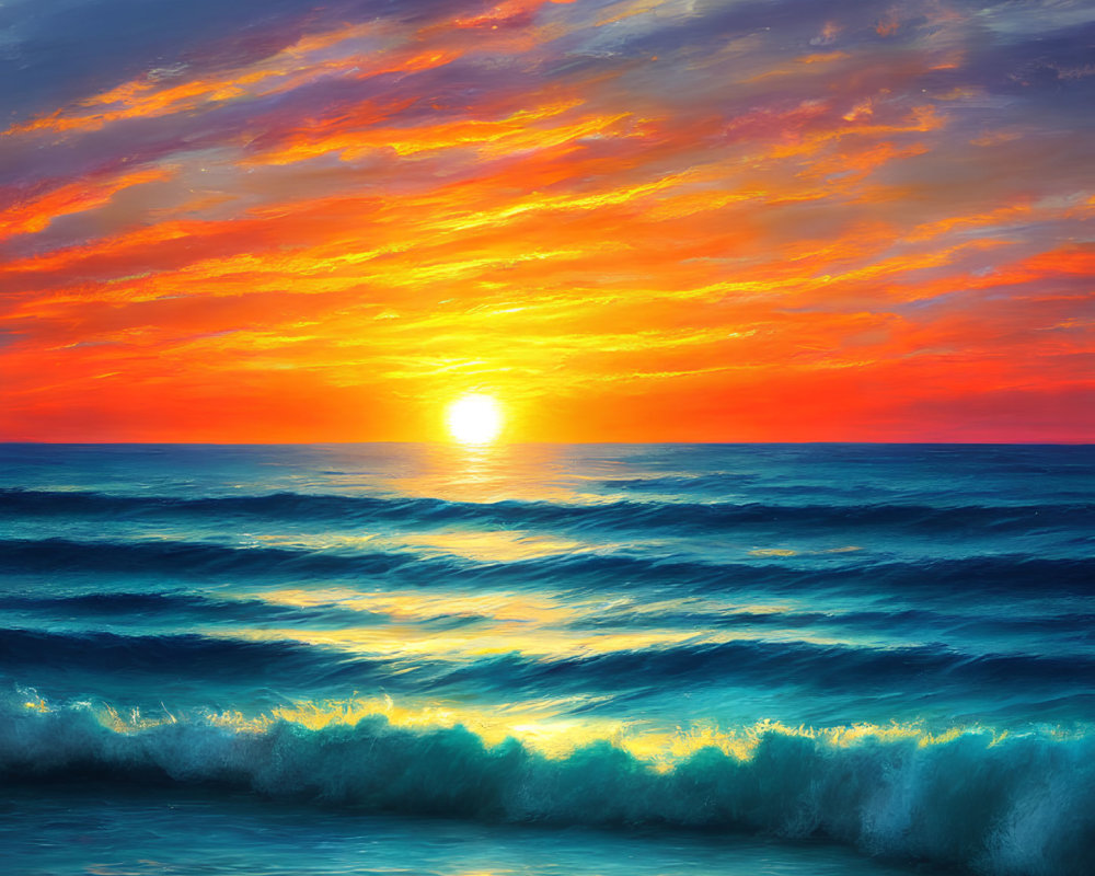 Fiery orange and blue ocean sunset with cresting waves