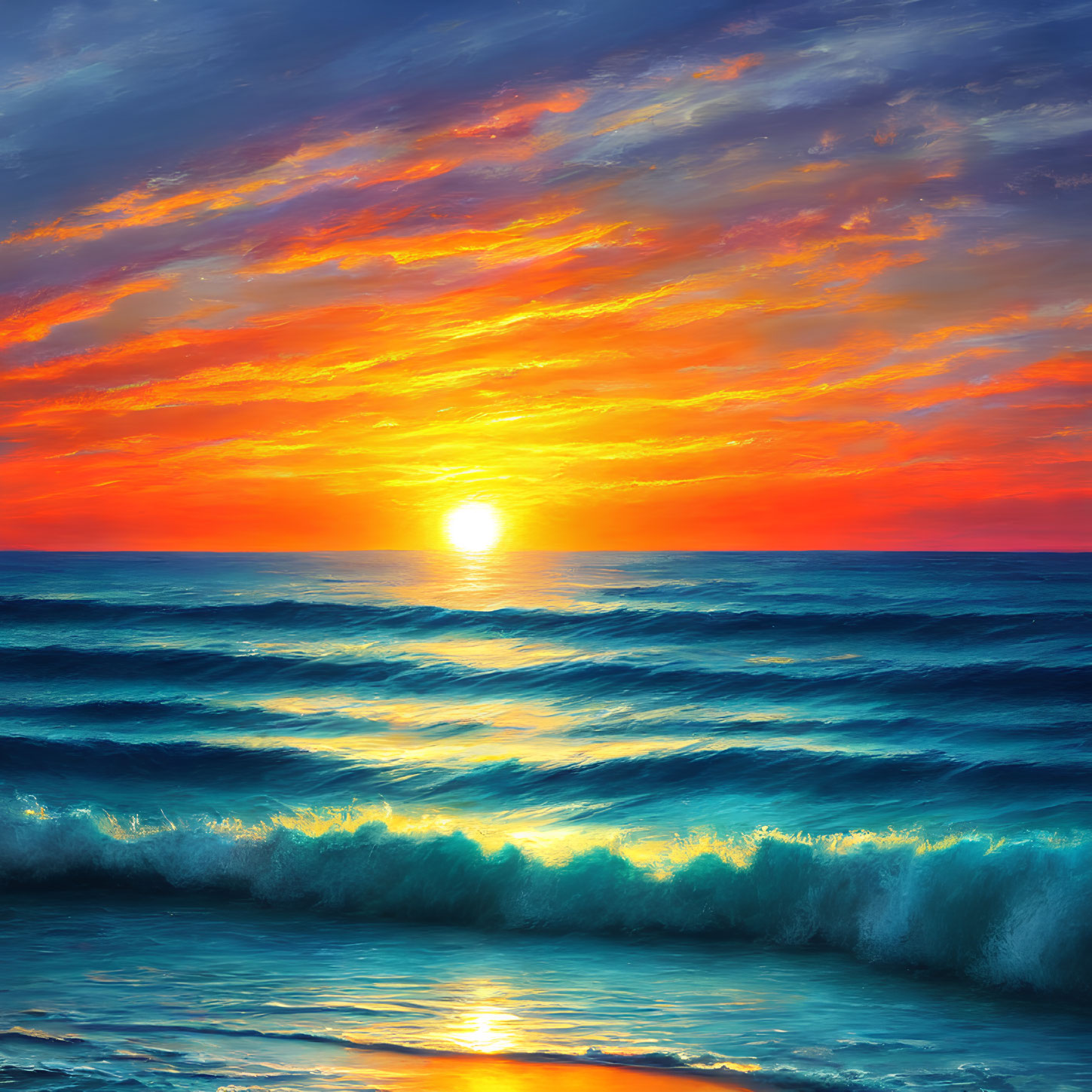 Fiery orange and blue ocean sunset with cresting waves