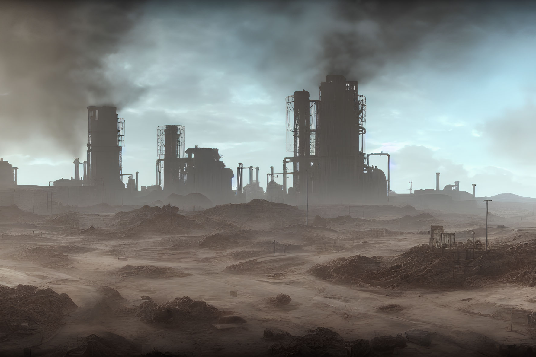 Dystopian industrial landscape with towering silos and smokestacks