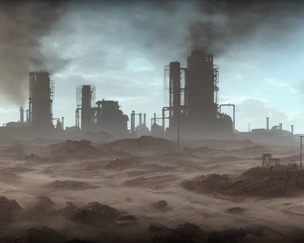 Dystopian industrial landscape with towering silos and smokestacks