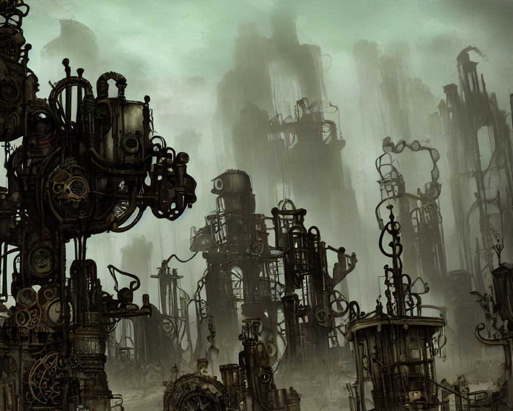 Dystopian landscape with towering machinery and dilapidated structures
