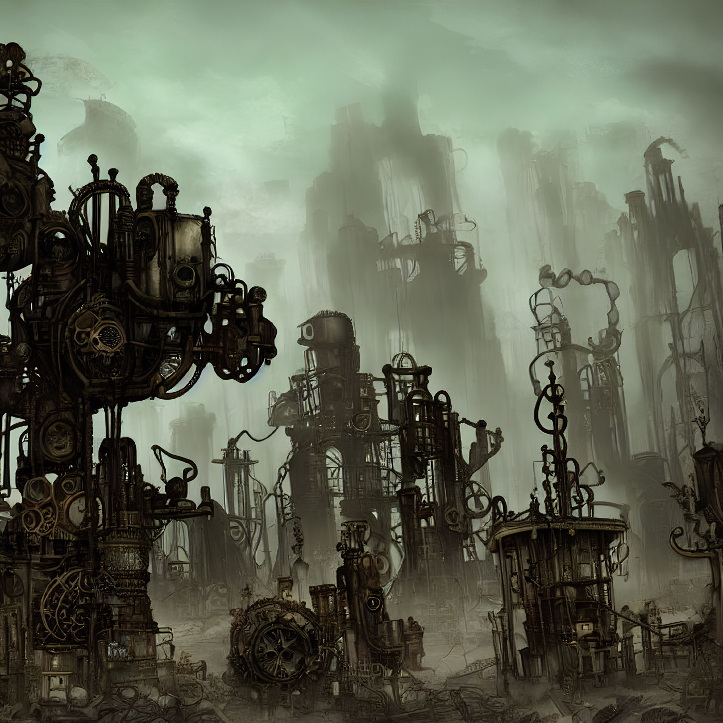 Dystopian landscape with towering machinery and dilapidated structures