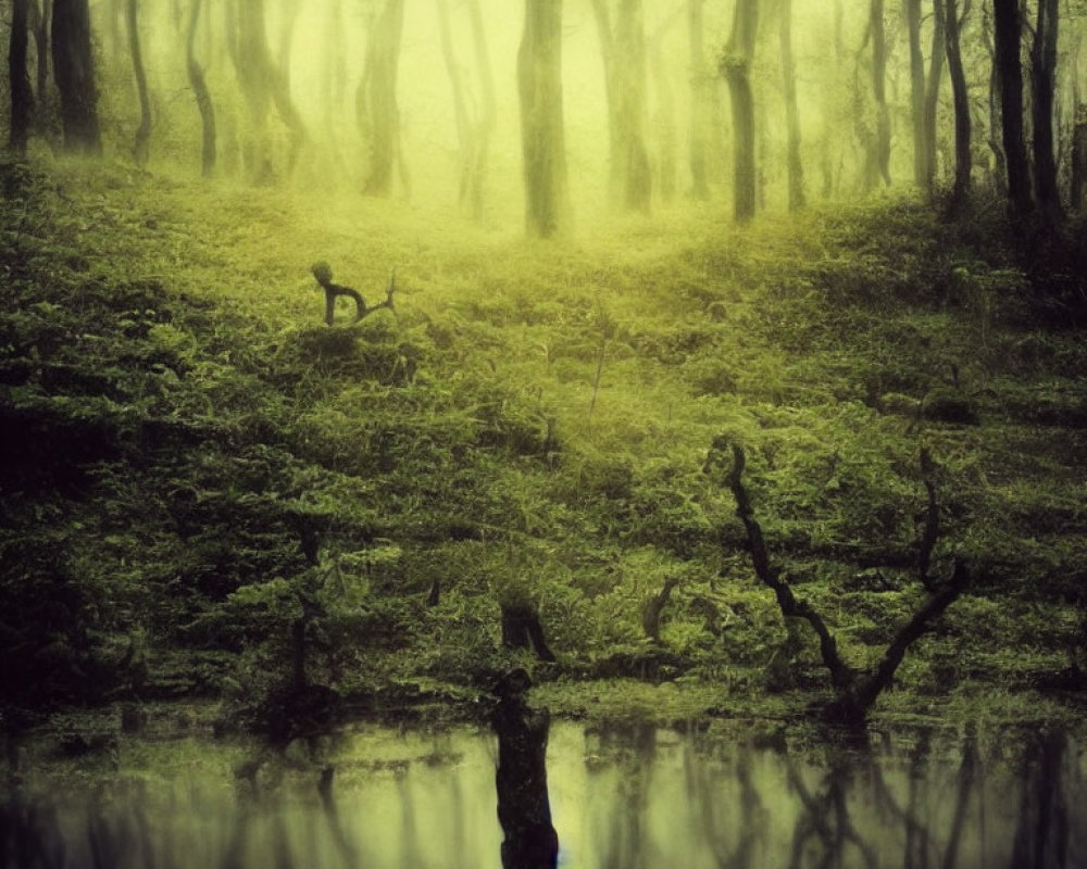 Mystical foggy forest with reflective water and silhouettes.