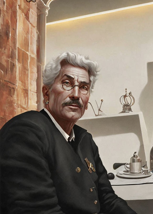 Elderly man with white hair and mustache in digital artwork.