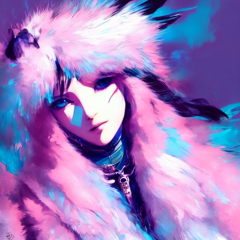 Purple-eyed person in pink fur coat and hat on purple background