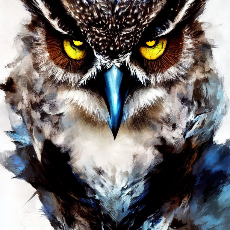 Detailed close-up of owl with intense yellow eyes and textured feathers in shades of gray and white