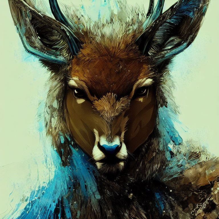 Stag with Prominent Antlers in Earthy Tones and Blue Accents