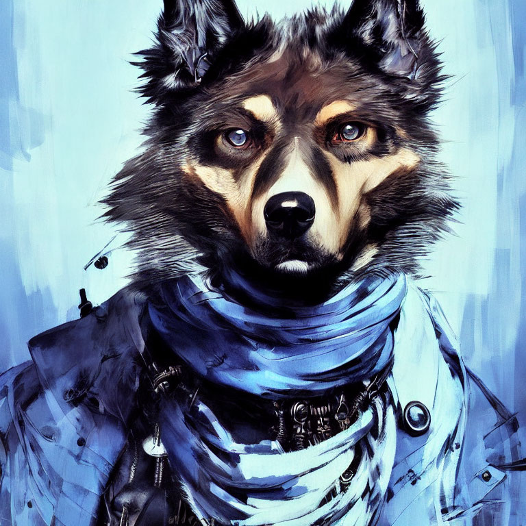 Stylized painting of a wolf with human-like eyes wearing a blue scarf and black jacket