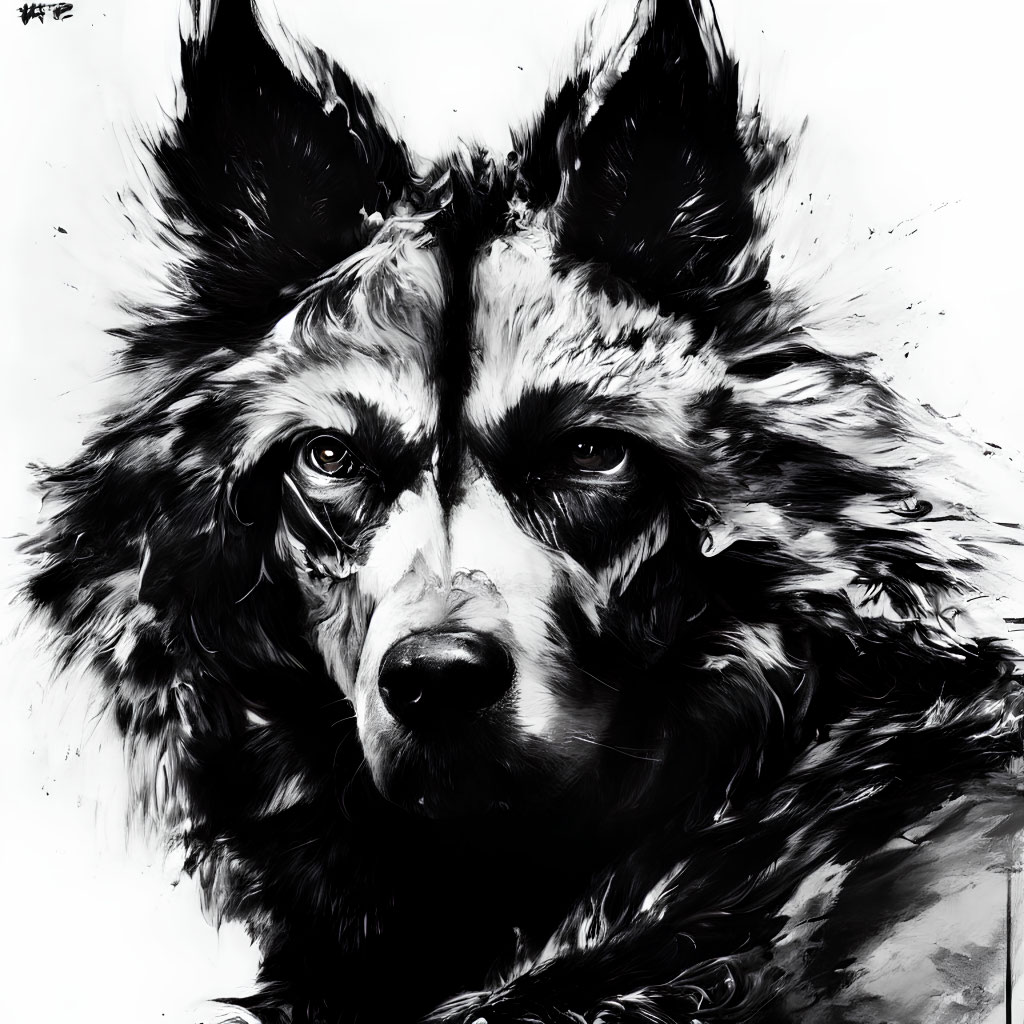 Detailed Monochromatic Wolf Artwork with Intense Gaze