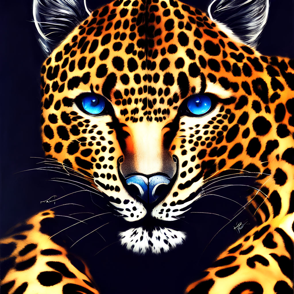 Detailed illustration of jaguar with blue eyes and orange fur.