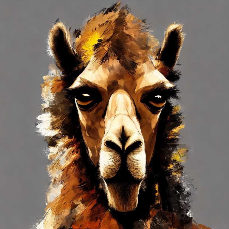 Llama head digital painting with brown, yellow, and white brushstrokes