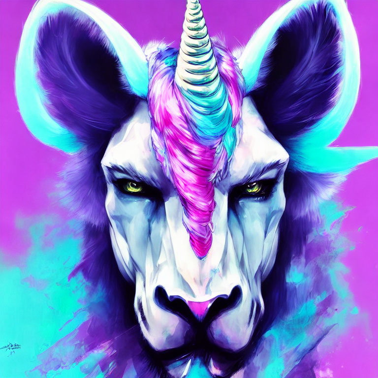 Colorful Lion with Unicorn Features on Vibrant Purple Background