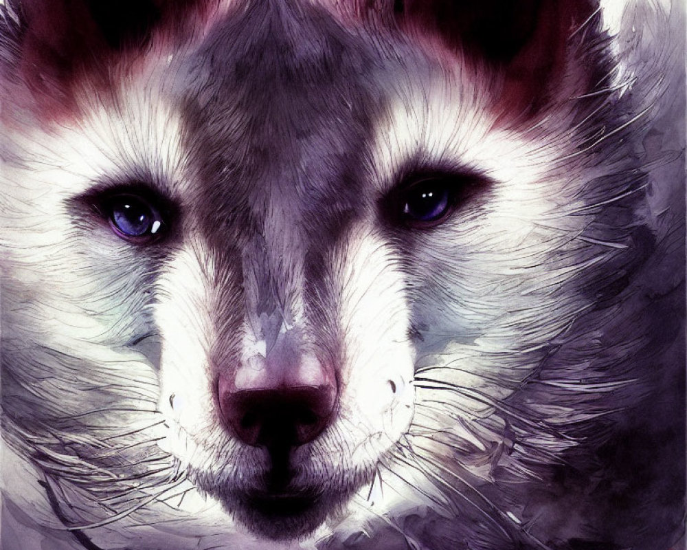 Wolf digital art with intense purple eyes and white/violet tones