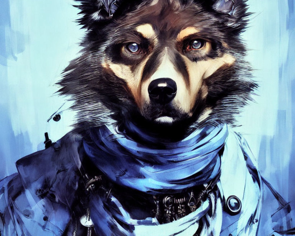 Stylized painting of a wolf with human-like eyes wearing a blue scarf and black jacket