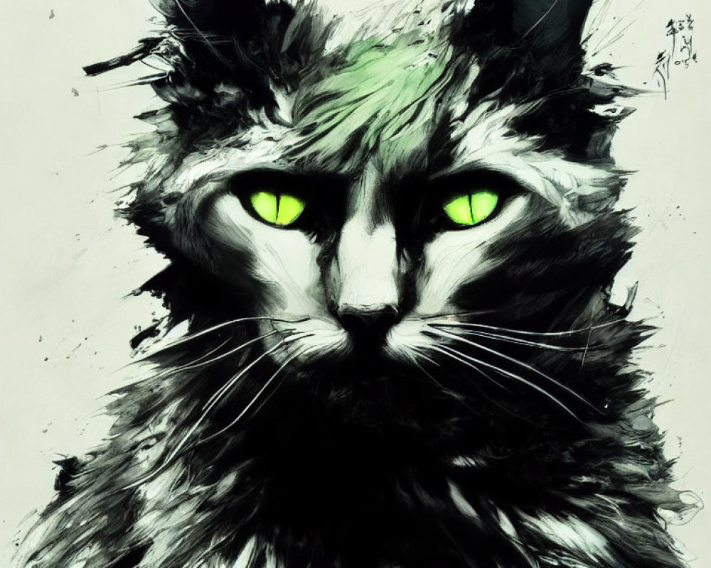 Stylized cat art with green eyes and dynamic brush strokes