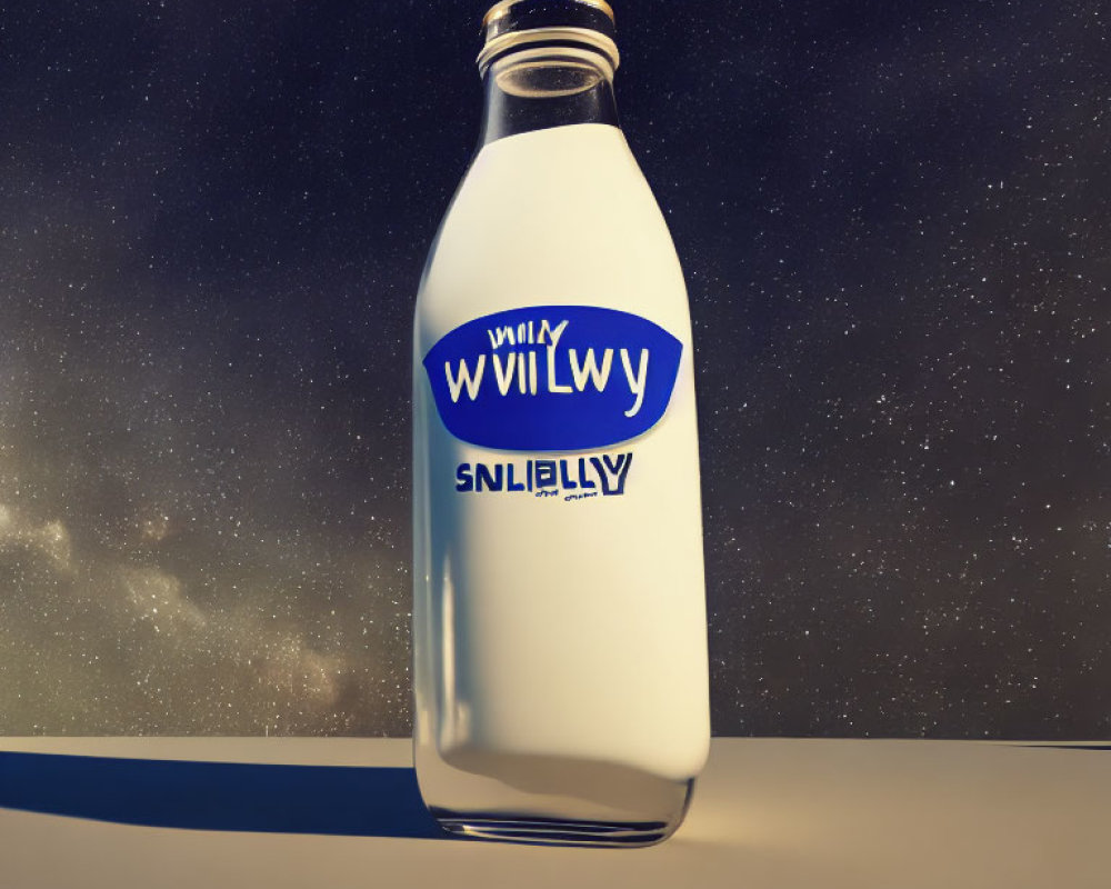 Blue-labeled milk bottle on surface under starry night sky