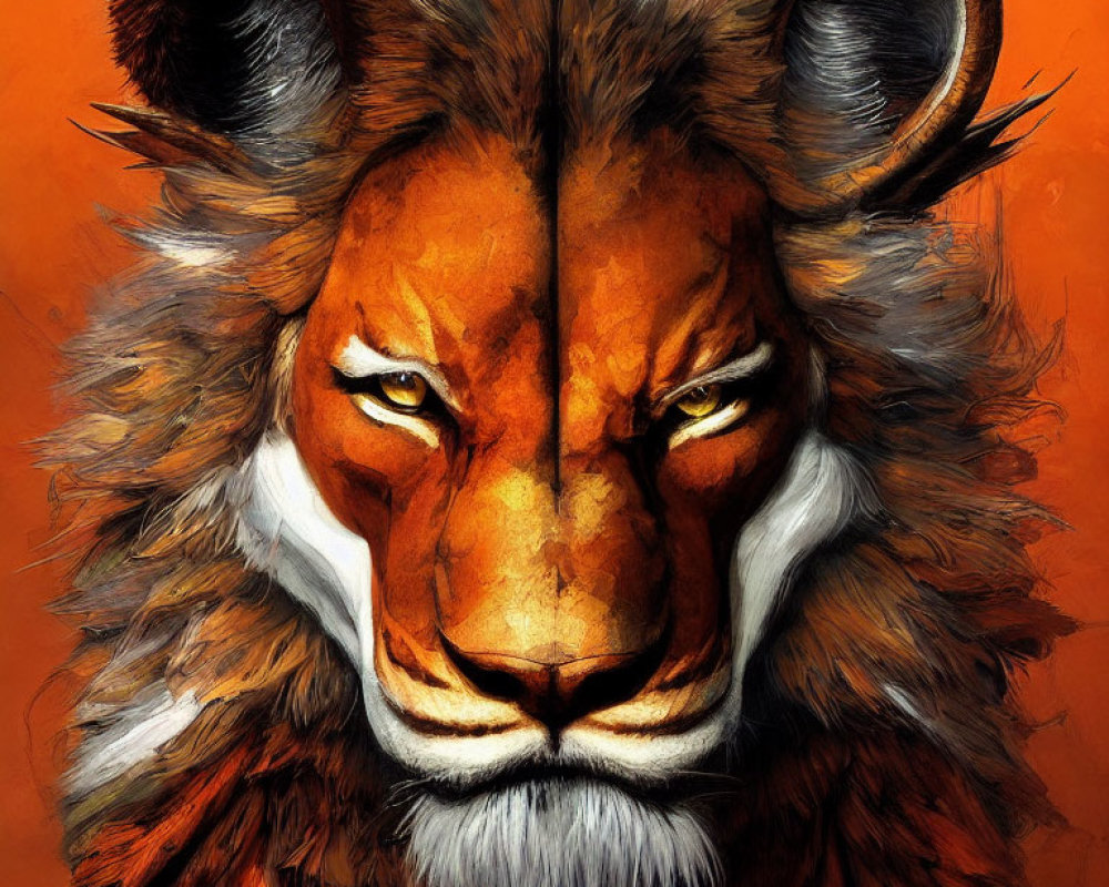 Detailed Lion Face Illustration with Intense Eyes and Full Mane on Orange Background